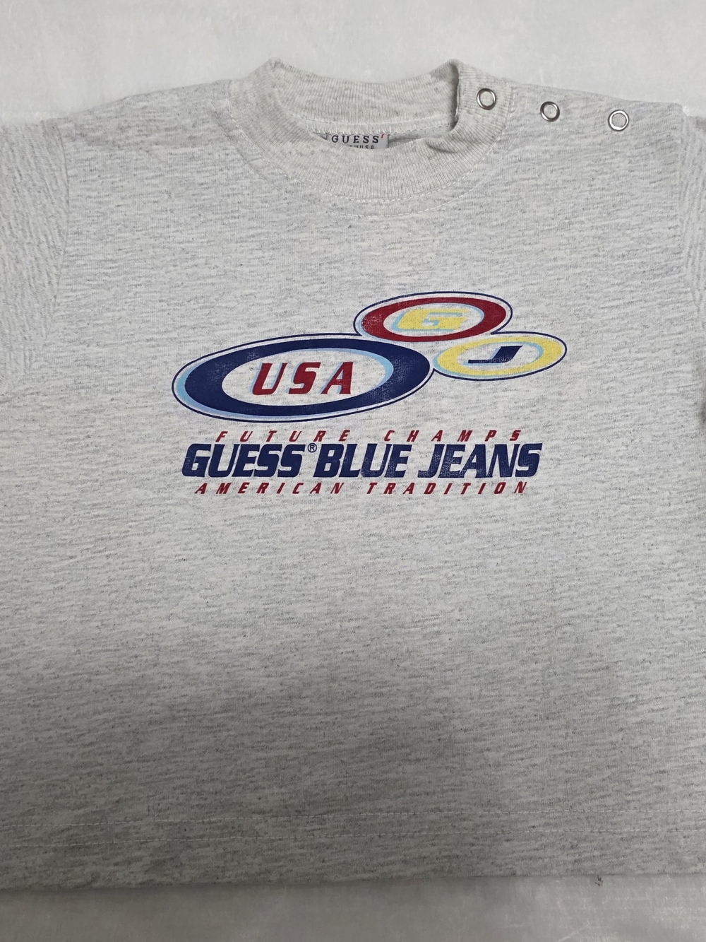 Vintage Baby GUESS Blue Jeans USA Graphic Heather Gray Tee 12m